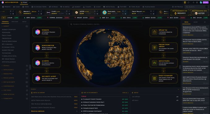 The image shows the DefiLlama homepage featuring a dark dashboard with a globe visualization in the center, surrounded by "Trending" panels highlighting tokens like MERL, KING, AI16S, SECURITY AUDIT, and others, along with a news feed covering topics like Robinhood's acquisition of WonderFi, Coinbase's ASTER listing, and Binance's mega token unlock. This relates to the post by demonstrating a streamlined crypto research workflow, where DefiLlama's contract reader and token holder distribution tools serve as the "one terminal" for vetting new tokens instead of juggling multiple tabs and logins.