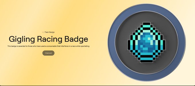 Flash Badge titled 'Gigling Racing Badge' awarded for using a consumable that interferes in a race while spectating, featuring a pixelated blue racing helmet design.