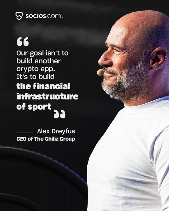 A promotional image from socios.com featuring a quote from Alex Dreyfus, CEO of The Chiliz Group: 'Our goal isn't to build another crypto app. It's to build the financial infrastructure of sport.'