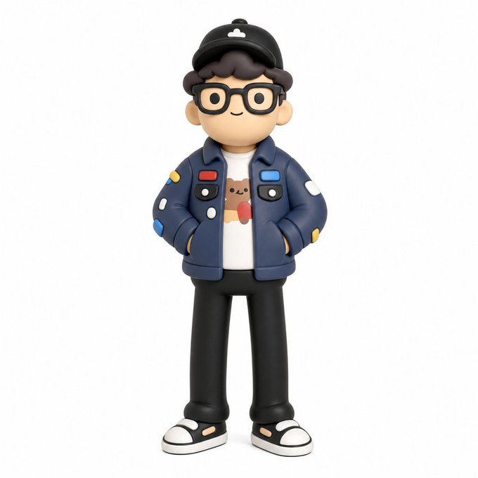 3D rendered cartoon character of a boy wearing glasses, a black cap, and a blue jacket with colorful patches.