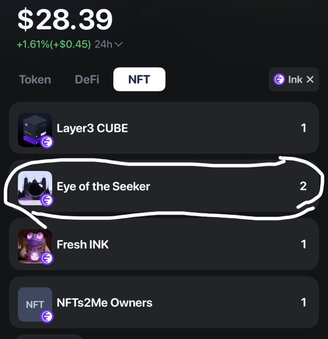 A cryptocurrency NFT portfolio screen showing a balance of $28.39 with 'Eye of the Seeker' circled in white, along with Layer3 CUBE, Fresh INK, and NFTs2Me Owners collections.