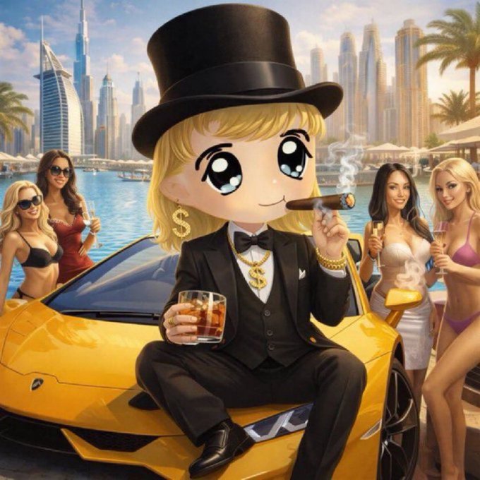 The image features a cartoon character dressed in a top hat and suit, holding a cigar and sitting next to a yellow sports car. The character appears to be smoking a cigar while surrounded by other women who are also dressed up for a party or event. The background of the image shows buildings, suggesting that they might be at an upscale location like Dubai. The caption reads "F*CK IT I'M LAUNCHING IN 24 HOURS! no presale, no team, just a coin drop your solana address will distribute some supply out to anyone who interacts with this tweet like rt & follow."