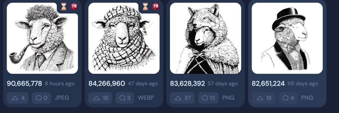 A row of four digital artwork listings featuring anthropomorphic animal portraits (a sheep with a pipe, sheep, wolf, and llama), displaying view counts of 90,665,778; 84,266,960; 83,628,392; and 82,651,224 along with file formats JPEG, WEBP, and PNG.