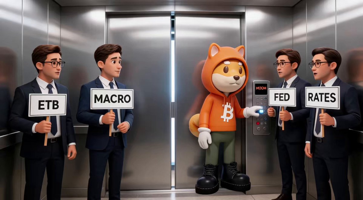 In the image, there are four cartoon characters wearing suits standing inside an elevator and holding signs with words like "EFT", "MCRO", "FED", and "BTC" written on them. The character at the center of the group is dressed in an orange hoodie and a brown dog suit. This unique composition creates a fun, imaginative scene that connects to a post about Bitcoin and its impact on the crypto world.
