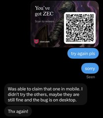 A mobile messaging screenshot showing a 'You've got ZEC' notification with a QR code, along with conversation messages about claiming rewards.
