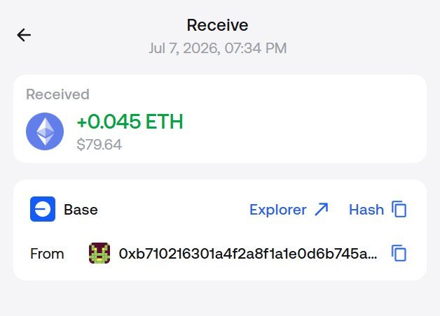 A crypto wallet app screen shows a received transaction of +0.045 ETH ($79.64) on the Base network dated Jul 7, 2026, 07:34 PM.