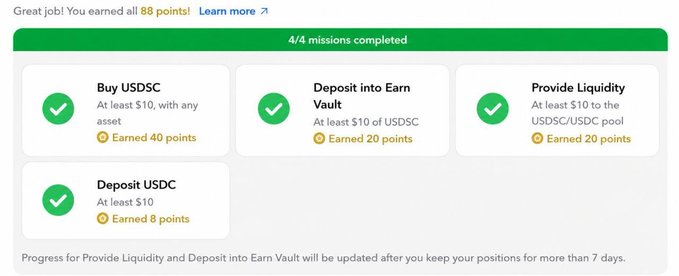 A screenshot of a rewards page showing '4/4 missions completed' with tasks like 'Buy USDSC', 'Deposit into Earn Vault', 'Provide Liquidity', and 'Deposit USDC', earning a total of 88 points.