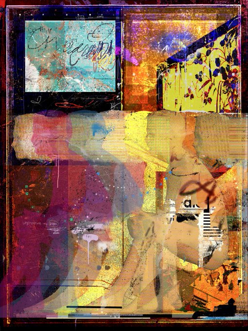Abstract digital collage artwork featuring a profile of a face wearing a mask with sunglasses, layered with textures, scribbles, and vibrant colors including pink, yellow, and blue.