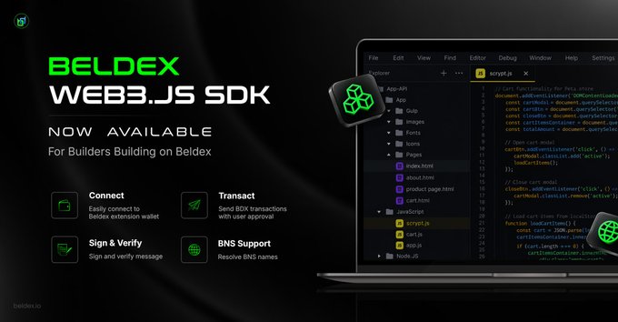 Promotional graphic for the Beldex Web3.js SDK, listing features like Connect, Transact, Sign & Verify, and BNS Support, shown alongside a code editor displaying a script.js file.