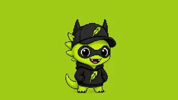 A cute cartoon mascot character resembling a green dinosaur or dragon wearing a black cap and hoodie with a leaf logo, set against a bright green background.