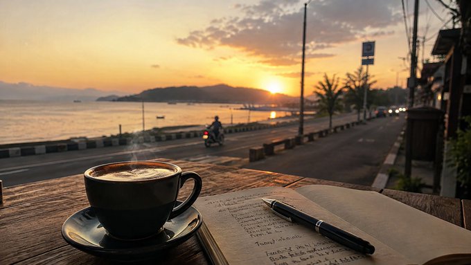 A scenic view of a sunset over the ocean from a cafe table, featuring a steaming cup of coffee and an open notebook with a pen, with a motorcyclist riding along the coastal road in the background.