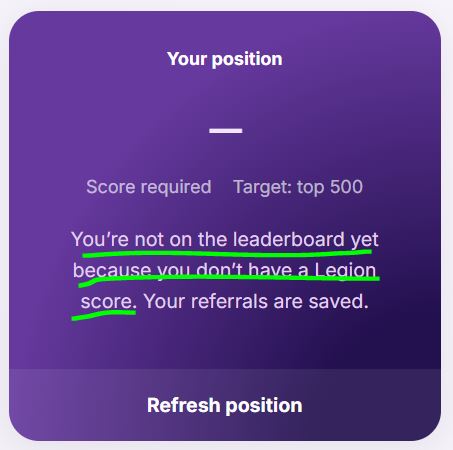 Purple mobile app screen showing 'Your position' with a dash, 'Score required: Target top 500', and a message stating 'You're not on the leaderboard yet because you don't have a Legion score. Your referrals are saved.'