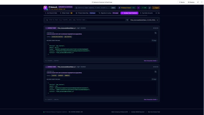 A Pi Network Explorer dashboard displays two live contract events from the PiDex_AutomatedMarketMaker_v2 smart contract, executed on Soroban via rpc.testnet.minepi.com, showing JSON request and response payloads with transaction hashes and ledger details consistent with the post's claim of live blockchain activity.