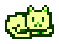 A simple pixel-art illustration of a small green frog or cat-like creature on a white background.