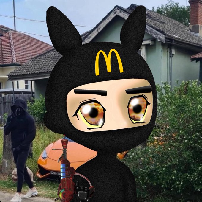 An animated black bunny-like figure with a McDonald's logo on its forehead stands in a yard near an orange car, with a hooded person in the background.