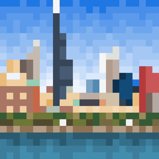 A pixelated, blocky digital artwork depicting a city skyline with a tall, dark skyscraper in the center, surrounded by colorful buildings, green land, and blue water.