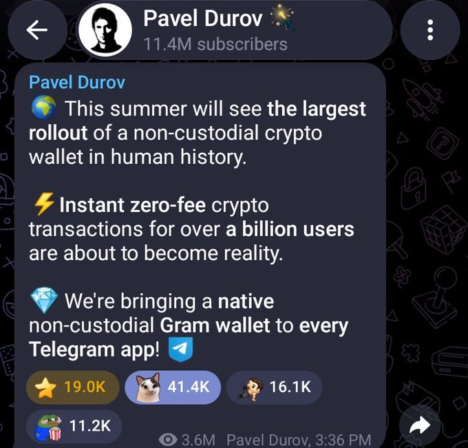 Telegram founder Pavel Durov announces to his 11.4M subscribers the upcoming rollout of a native non-custodial Gram (GRAM) wallet, with reaction counts of 19.0K stars, 41.4K dogs, 16.1K detectives, and 11.2K frogs, aligning with the news of Telegram Beta v12.9.3 integrating a built-in TON wallet directly into the app.