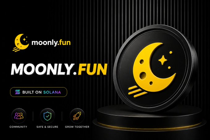 A promotional graphic for "moonly.fun" featuring a black and yellow 3D token with a crescent moon and shooting star design, displaying the tagline "Built on Solana" along with icons emphasizing community, safety/security, and growth, which aligns with the post's announcement of the launch of their first token, $MOONLY, and a whitelist sign-up call.