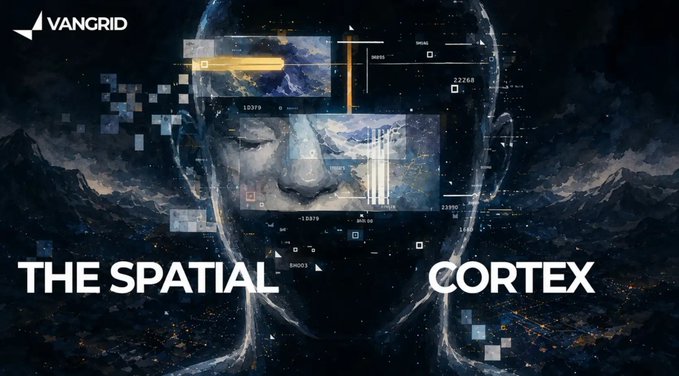 A futuristic digital art piece titled 'THE SPATIAL CORTEX' by VANGRID, featuring a translucent human head composed of data streams against a dark mountain backdrop.