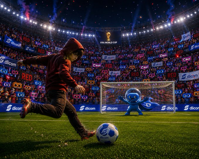 A hooded figure kicks a soccer ball toward a goal in a FIFA World Cup stadium, with a blue mascot goalkeeper defending the net amid 'dlicom' branding and a cheering crowd.