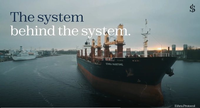 A bulk carrier labeled "EDHRA MARITIME" navigates a harbor at dusk, paired with the tagline "The system behind the system" in bold white text, visually reinforcing the post's message about transparency in maritime logistics infrastructure.