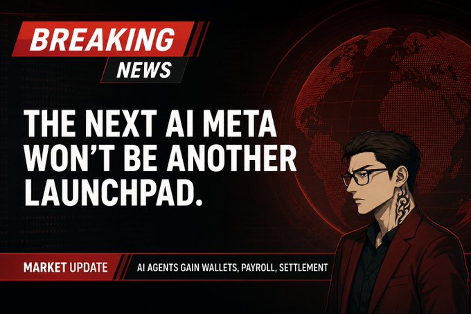 A breaking news-style graphic featuring an illustrated man with glasses and neck tattoos alongside the headline 'THE NEXT AI META WON'T BE ANOTHER LAUNCHPAD,' with a market update ticker reading 'AI AGENTS GAIN WALLETS, PAYROLL, SETTLEMENT.'