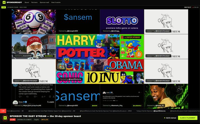 A screenshot of the SponsorBoard webpage displays a grid of sponsored tiles featuring various meme-themed content, prominently including "HARRY POTTER," "SONIC," "OBAMA," "10 INU," and "BitCloutMuseum," with the central "HARRY POTTER" tile claimed by user @HPOS10Ireturns, matching the post's celebration of that account dominating multiple board spots before being reclaimed.