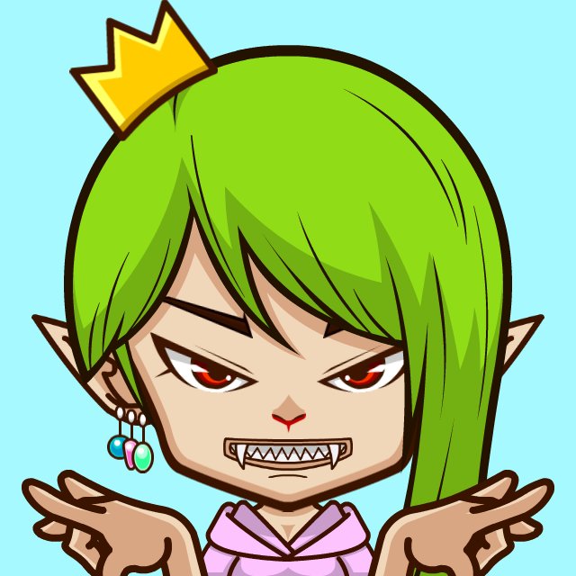 An anime-style illustration depicts a green-haired character with pointed ears, red eyes, fangs, and a small yellow crown, making a hand gesture.