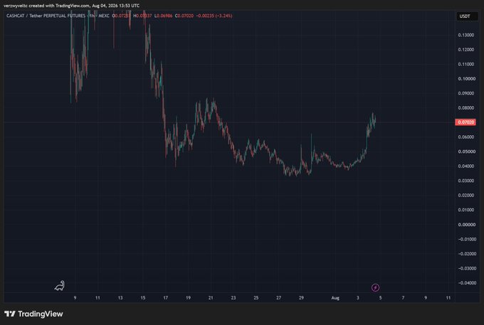 A TradingView candlestick chart of the CASHCAT/USDT pair on MEXC, timestamped August 4, 2024, showing price action declining then recovering to around 0.075.