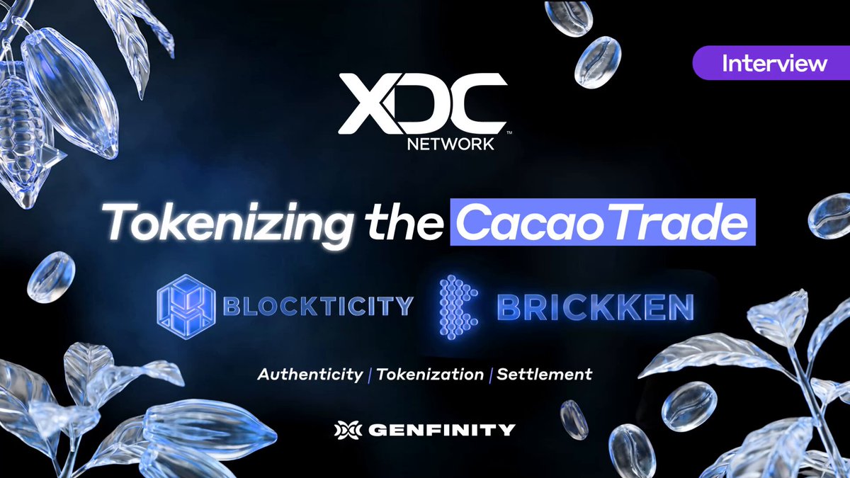 The image features an infographic that outlines the process of tokenizing a trade receivable for a Philippine cacao exporter using XDC. It appears that multiple parties, including Genfinity and Blockticity, are involved in this transaction. A prominent element within the infographic is a blue "X" symbol, which is likely to represent "XDC". Another key figure in the process seems to be "Nicolas Gonzalez", who joined forces with XDC Foundation and Blockticity for this project. The image also includes images of a cocoa plant and coins scattered throughout.