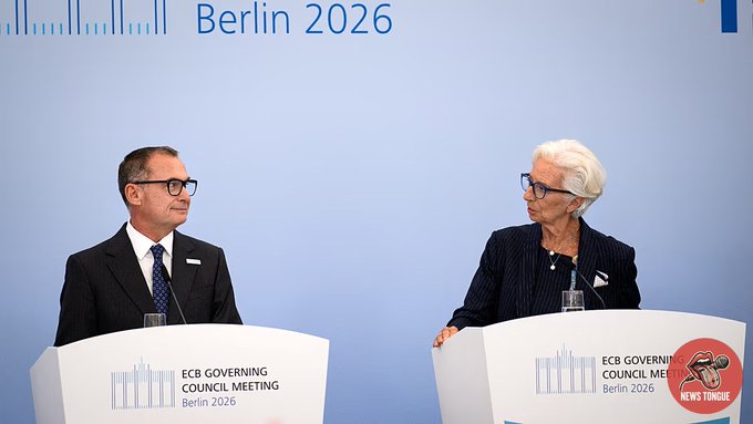Two individuals stand at podiums labeled "ECB Governing Council Meeting, Berlin 2026" during what appears to be a European Central Bank press conference.