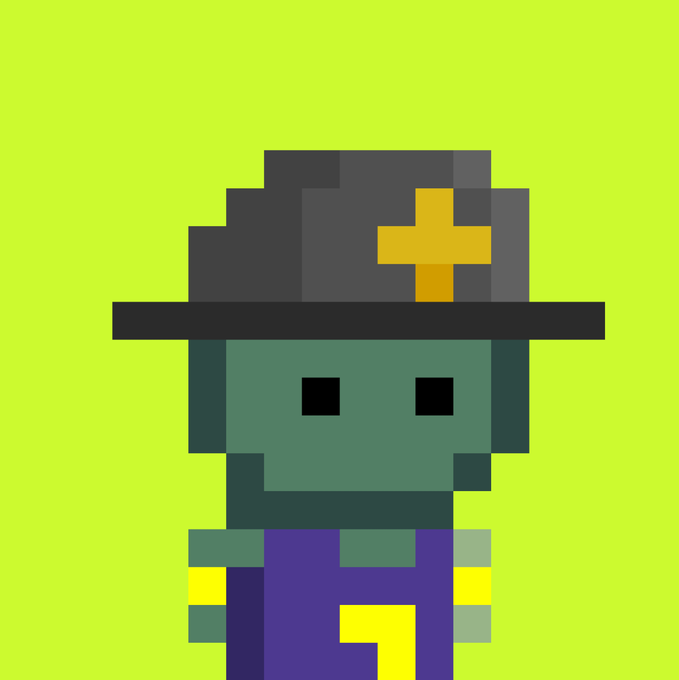 A simple pixel art character depicting a green-skinned figure wearing a black cap with a yellow cross, set against a bright lime green background.