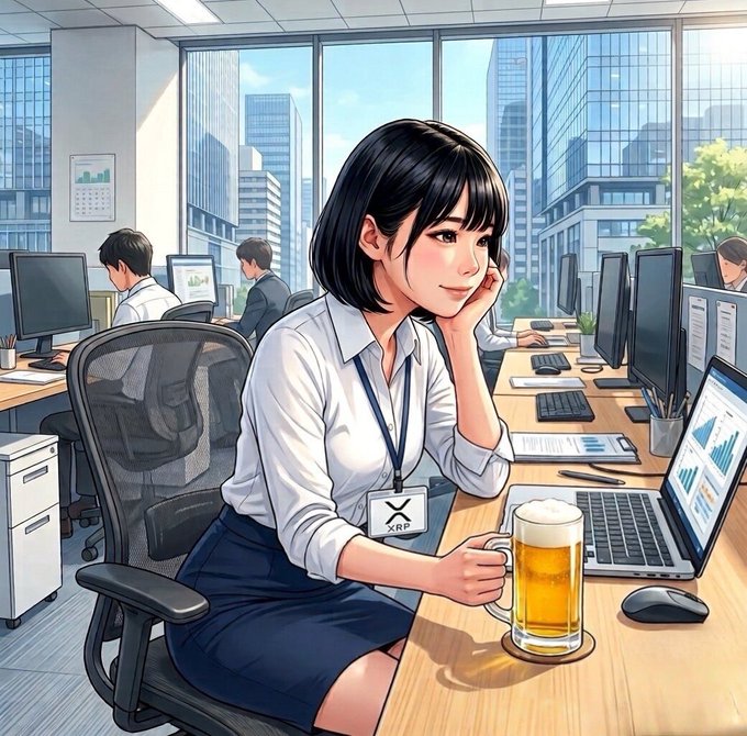 An anime-style illustration depicts a woman with short black hair in a white blouse and blue skirt sitting at a desk, holding a mug of beer with an 'XRP' ID badge.