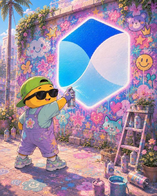 A colorful illustration of a yellow cartoon character in a green cap and purple overalls spray-painting a glowing blue logo on a graffiti-covered wall.