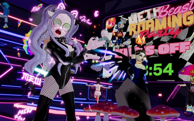 A vibrant virtual reality scene from the Meta Beast Roaming Party, featuring a cat-eared avatar in fishnet stockings dancing in a neon-lit club with a 'WALLS OFF' countdown timer and 'MEW #184' text visible.