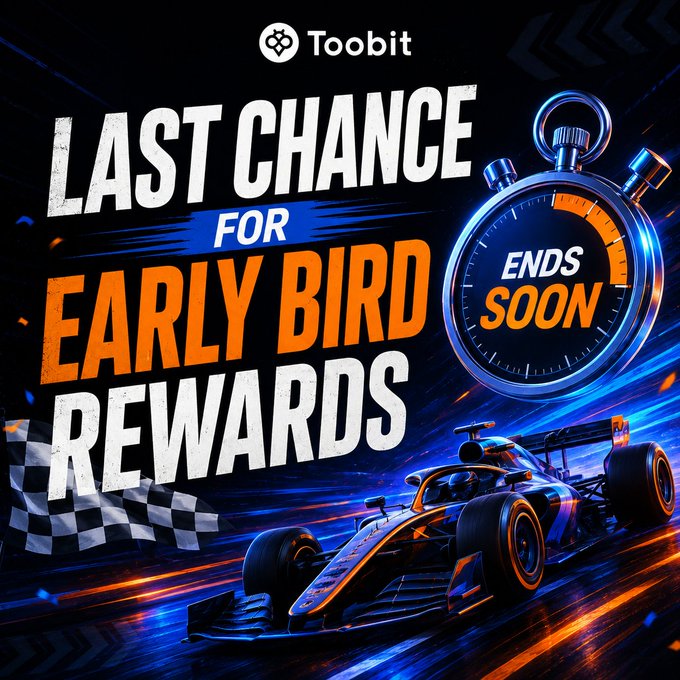 A promotional graphic for Toobit's "Last Chance for Early Bird Rewards" featuring a Formula 1 racecar and stopwatch with "ENDS SOON" text, encouraging users to register by tomorrow's deadline to earn 10 USDT plus an additional 20 USDT for hitting 30K in futures trading volume.
