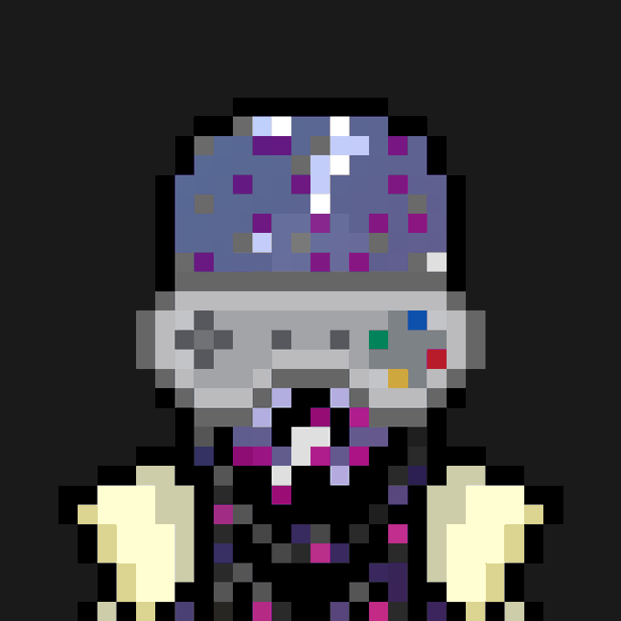 A pixel art portrait of a skull-like character with a colorful block-patterned head covering, a game controller face, and a purple/black patterned shirt.