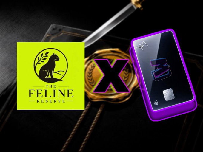 A graphic showing 'The Feline Reserve' logo on the left, a purple 'X' in the middle, and a purple digital payment/credit card device on the right, set against a dark background with a medal.