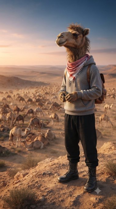 A surreal AI-generated image shows an anthropomorphic camel wearing a gray sweater, a red and white keffiyeh, black pants, and boots, standing on a desert hill overlooking a herd of camels.