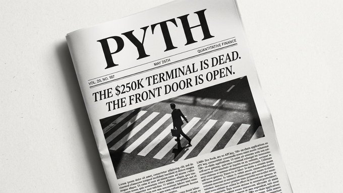 A black and white newspaper article titled "Pyth" is displayed on a white background, with the headline "The $25k terminal is dead."