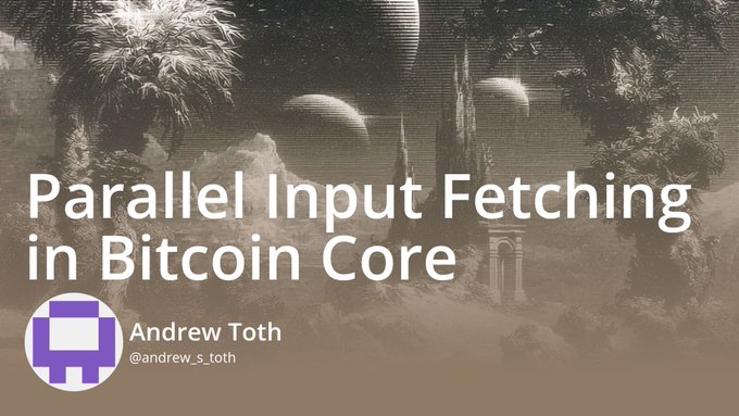 The image is a presentation slide titled "Parallel Input Fetching in Bitcoin Core" by Andrew Toth (@andrew_s_toth), featuring a surreal, dark fantasy landscape with floating planets and gothic architecture. It accompanies a post highlighting an educational talk about Bitcoin's initial block download (IBD) process, which is the foundational synchronization step for any new Bitcoin full node.