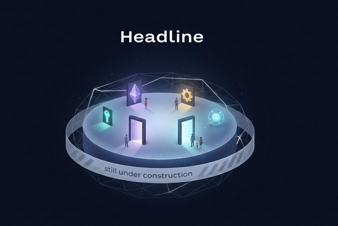 An isometric illustration on a dark background shows a circular platform labeled 'still under construction' with figures standing near illuminated portals and icons, under the heading 'Headline.'