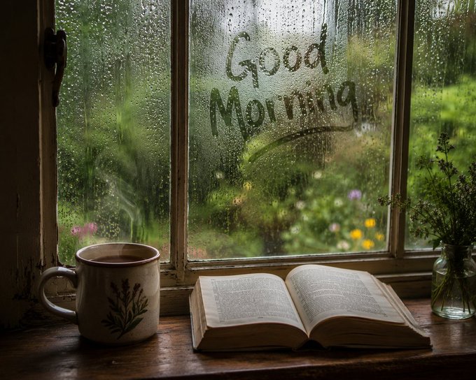 Cozy scene featuring a coffee mug, open book, and small vase of flowers on a wooden windowsill, with "Good Morning" written in the condensation on a rainy window overlooking a green garden.