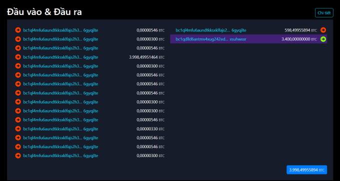 A 'Đầu vào & Đầu ra' (Inputs & Outputs) Bitcoin transaction screen showing multiple transactions from 'bc1q14mfu6aundtlckkxlfkjq2h3... 6yvgxite' totaling 3,998.49955854 BTC.