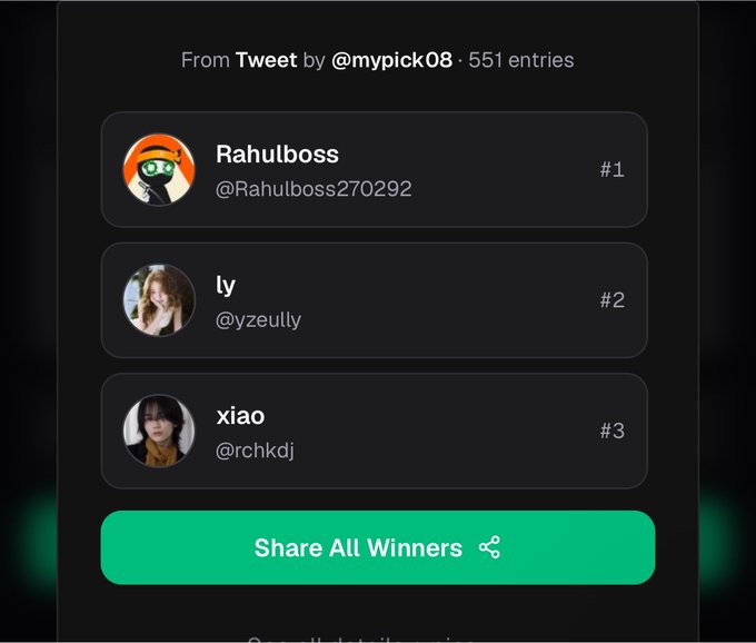 The image shows a contest results screen from a tweet by @mypick08 with 551 entries, displaying the top three winners: @Rahulboss270292 (#1, Rahulboss), @yzeully (#2, ly), and @rchkdj (#3, xiao), along with a green "Share All Winners" button. This directly corresponds to the post announcing the contest winners and inviting entries via USDT (BEP20) on the xpickr.com platform.