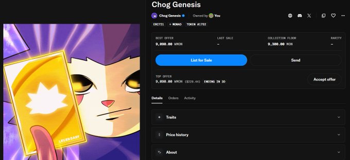 A digital marketplace listing for "Chog Genesis" NFT showing a best offer of 9,000.00 WMON.