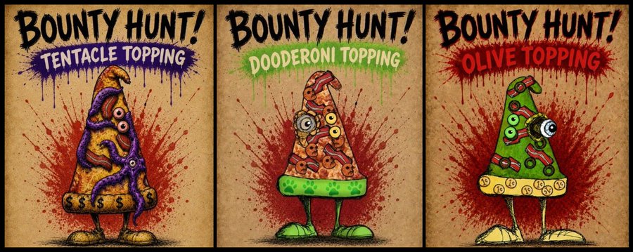 This image features three stylized posters for "BOUNTY HUNT!" missions involving different pizza-themed characters: "Tentacle Topping," "Dooderoni Topping," and "Olive Topping." Each character's visual theme directly represents one of the available bounties mentioned in the post.