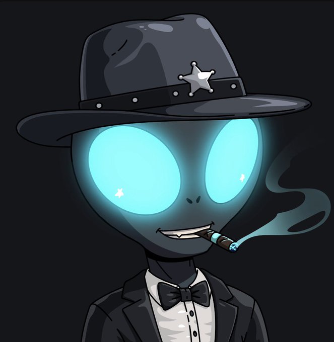 A cartoonish alien character with glowing cyan eyes, wearing a black sheriff's hat with a star badge and a tuxedo, while casually smoking a cigar that trails blue smoke. The stylized portrait evokes a rebellious "outlaw" vibe fitting the "Good Luck" message directed at @0xgodoy.