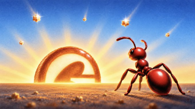 A 3D-rendered scene shows a red ant standing on sand before a sliced loaf of bread glowing against a sunrise backdrop, with small crumbs floating in the air.
