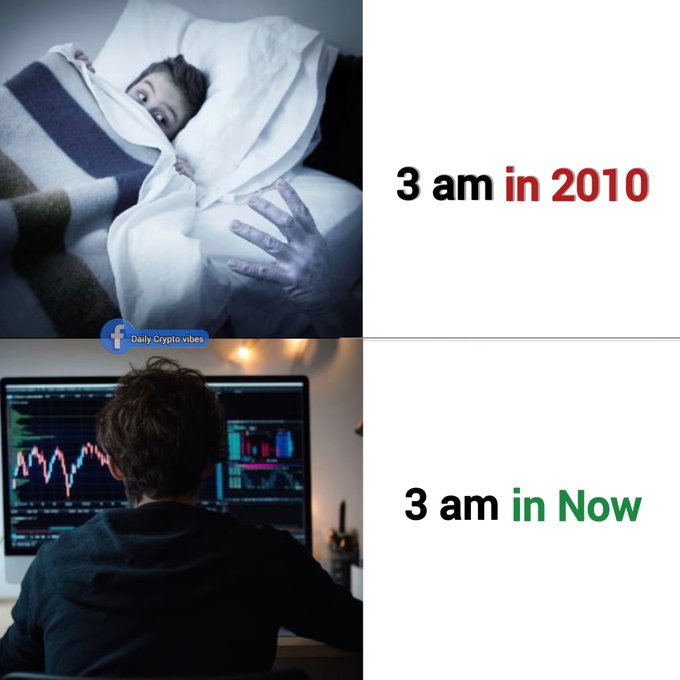A two-panel meme from Daily Crypto vibes showing a scared child hiding under a blanket at 3am in 2010, contrasted with a man watching crypto charts at 3am in the present.